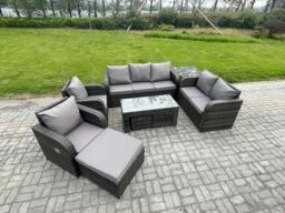 Fimous 10 Seater Outdoor Rattan Garden Furniture Set Rattan Lounge Sofa Set with Rectangular Coffee Table Side Table 3 Footstools Dark Grey Mixed - thumbnail 2