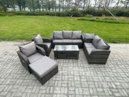 Fimous 10 Seater Outdoor Rattan Garden Furniture Set Rattan Lounge Sofa Set with Rectangular Coffee Table Side Table 3 Footstools Dark Grey Mixed - thumbnail 1