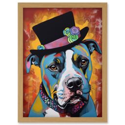 Artery8 Pit Bull Wearing Flower Top Hat Modern Pop Art Artwork Framed Wall Art Print A4 in Light Oak - thumbnail 1
