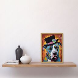 Artery8 Pit Bull Wearing Flower Top Hat Modern Pop Art Artwork Framed Wall Art Print A4 in Light Oak - thumbnail 2