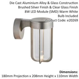 Loops Brushed Silver Outdoor Wall Light with Glass Shade - IP44 Rated - Integrated LED in Metallics - thumbnail 2