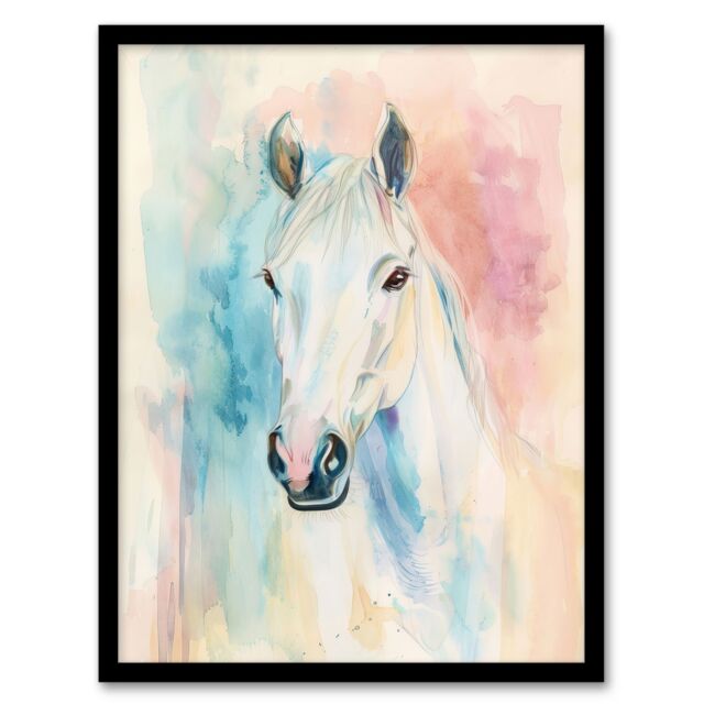 "Artery8 Pastel Watercolour White Horse Head Portrait Framed Art Print - Size: W12"" x H16""" - image 1
