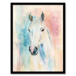 "Artery8 Pastel Watercolour White Horse Head Portrait Framed Art Print - Size: W12"" x H16""" - thumbnail 1