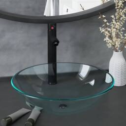 Berkfield Home Durable Bathroom Sink with Tap & Push Drain Clear Tempered Glass in Black - thumbnail 2