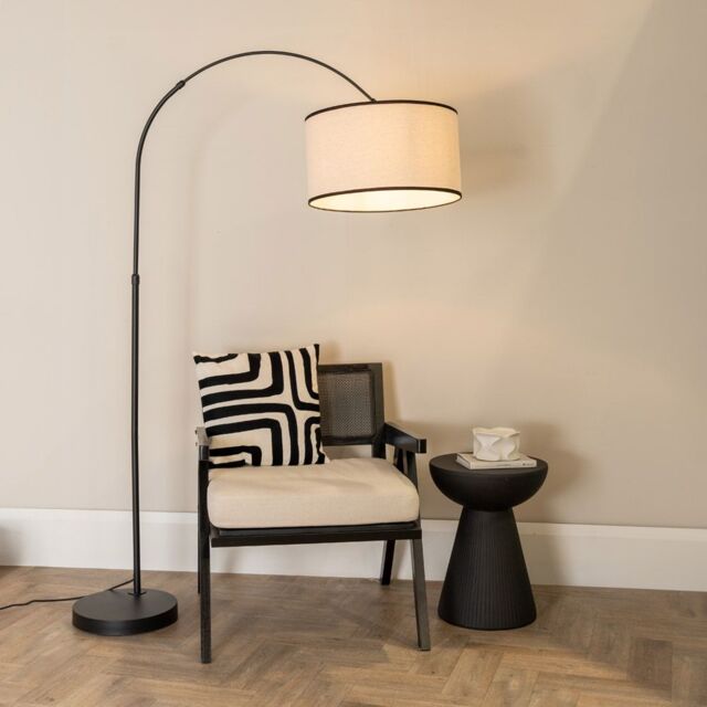 ValueLights Louis Black Metal Arched Floor Lamp with Linen Trim Drum Lamp Shade & LED Bulb - image 1