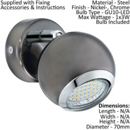 Loops Wall Spot Light Round Colour Nickel Chrome Shade Bulb GU10 1x3W Included in Metallics - thumbnail 2