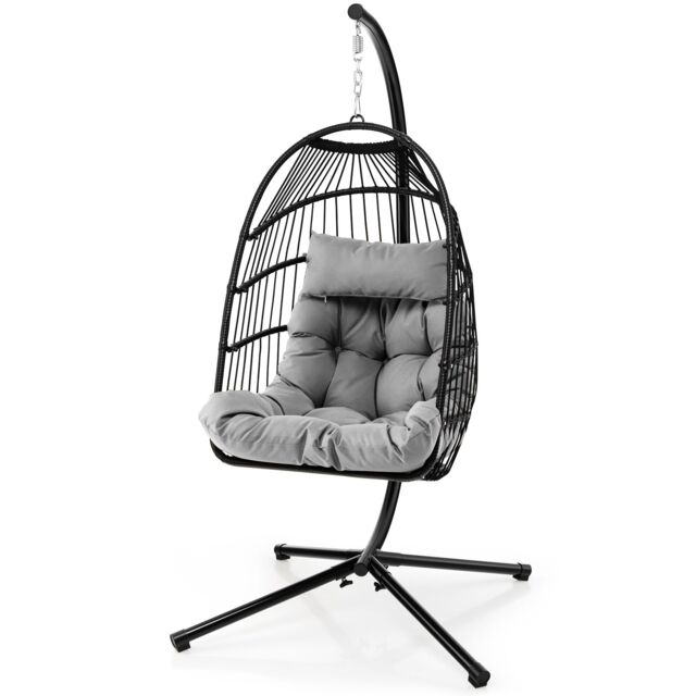 Gymax Hanging Swing Egg Chair Metal Hammock With Stand Head Pillow & Cushion in Grey - image 1
