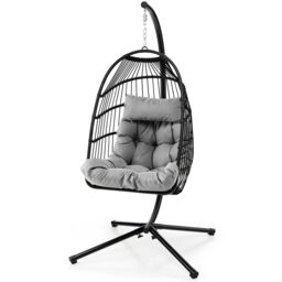 Gymax Hanging Swing Egg Chair Metal Hammock With Stand Head Pillow & Cushion in Grey - thumbnail 1