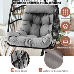 Gymax Hanging Swing Egg Chair Metal Hammock With Stand Head Pillow & Cushion in Grey - thumbnail 4