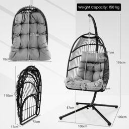 Gymax Hanging Swing Egg Chair Metal Hammock With Stand Head Pillow & Cushion in Grey - thumbnail 2