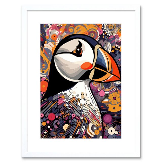 "Artery8 Wall Art Print Puffin Bird Geometric Patterns Colourful Busy Bright Psychedelic Modern Maximalist Artwork Framed 9X7 Inch - Size: W7"" x H9""" - image 1