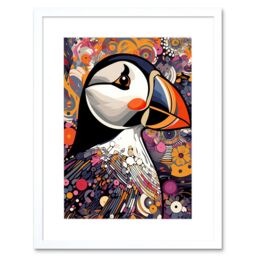 "Artery8 Wall Art Print Puffin Bird Geometric Patterns Colourful Busy Bright Psychedelic Modern Maximalist Artwork Framed 9X7 Inch - Size: W7"" x H9""" - thumbnail 1