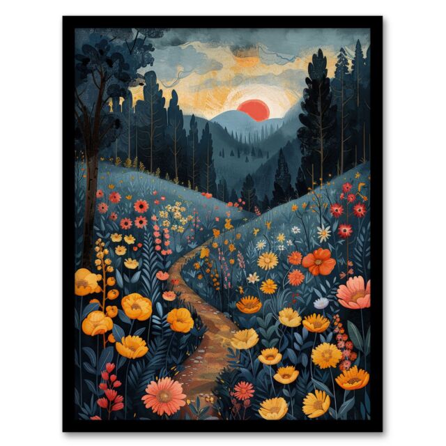 "Artery8 Wall Art Print Wildflower Path at Sunset Floral Nature Landscape Art Framed Poster in Black - Size: W12"" x H16""" - image 1