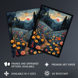 "Artery8 Wall Art Print Wildflower Path at Sunset Floral Nature Landscape Art Framed Poster in Black - Size: W12"" x H16""" - thumbnail 2