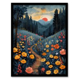 "Artery8 Wall Art Print Wildflower Path at Sunset Floral Nature Landscape Art Framed Poster in Black - Size: W12"" x H16""" - thumbnail 1