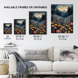 "Artery8 Wall Art Print Wildflower Path at Sunset Floral Nature Landscape Art Framed Poster in Black - Size: W12"" x H16""" - thumbnail 3