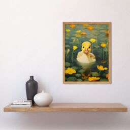 "Artery8 Wall Art Print Whirlpool Duckling Lily Pads & Flowers Kids Bedroom Nursery Artwork Art Framed in Light Oak - Size: W12"" x H16""" - thumbnail 2