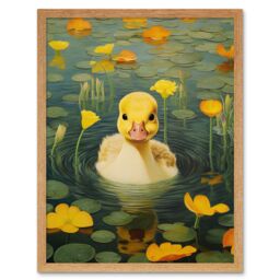 "Artery8 Wall Art Print Whirlpool Duckling Lily Pads & Flowers Kids Bedroom Nursery Artwork Art Framed in Light Oak - Size: W12"" x H16""" - thumbnail 1