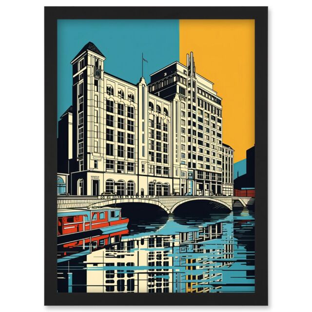 Artery8 Leeds City Waterfront Modern Linocut Illustration Artwork Framed Wall Art Print A4 in Black - image 1