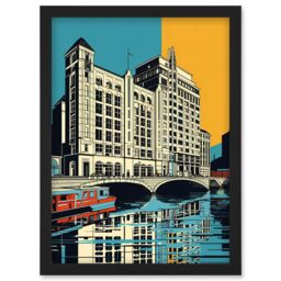 Artery8 Leeds City Waterfront Modern Linocut Illustration Artwork Framed Wall Art Print A4 in Black - thumbnail 1