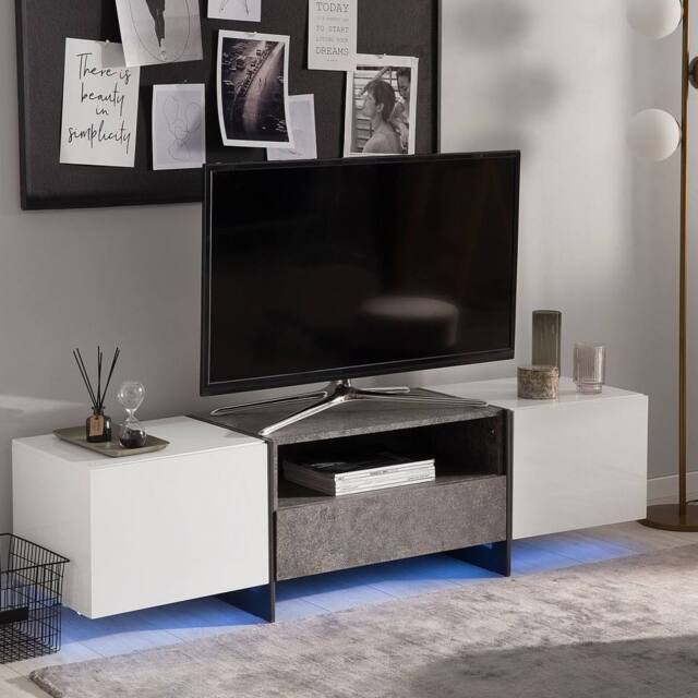 Wyld and Coco TV Stand Concrete-Effect White Veneer with LED Lighting Storage in Grey - image 1