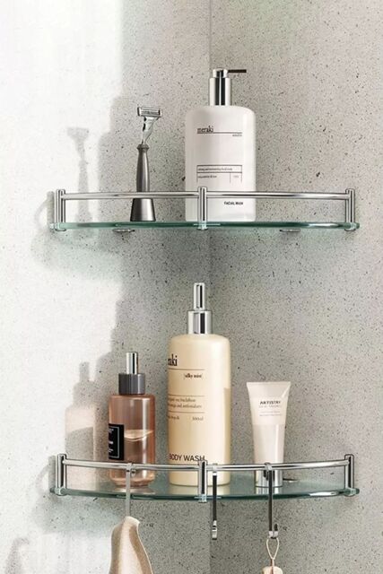 Living and Home 2Pcs Bathroom Glass Corner Shelf Wall Mounted Storage Rack in Silver - image 1