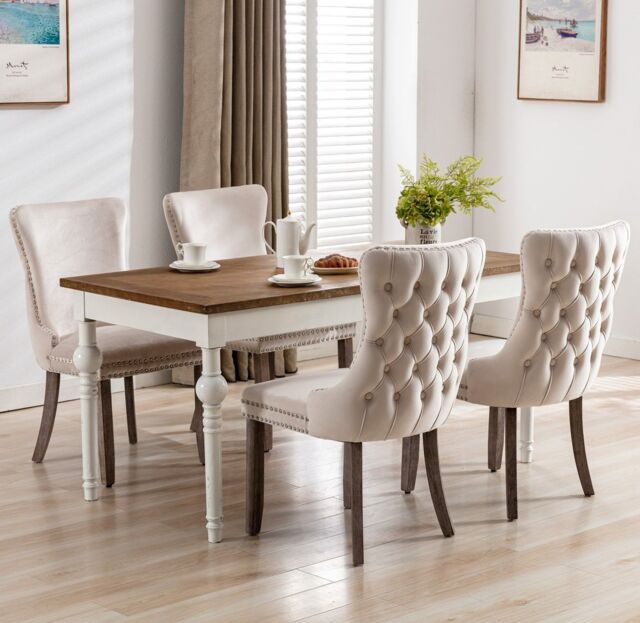 HomeTouch Sierra Set of 4 Luxe Velvet Dining Chairs Tufted Kitchen Chairs with High Wing Back & Oak Wood Legs in Beige - Size: 4 Pack - image 1