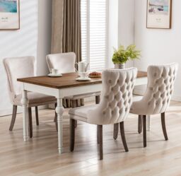 HomeTouch Sierra Set of 4 Luxe Velvet Dining Chairs Tufted Kitchen Chairs with High Wing Back & Oak Wood Legs in Beige - Size: 4 Pack