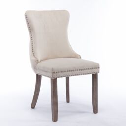 HomeTouch Sierra Set of 4 Luxe Velvet Dining Chairs Tufted Kitchen Chairs with High Wing Back & Oak Wood Legs in Beige - Size: 4 Pack - thumbnail 6