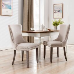 HomeTouch Sierra Set of 4 Luxe Velvet Dining Chairs Tufted Kitchen Chairs with High Wing Back & Oak Wood Legs in Beige - Size: 4 Pack - thumbnail 5