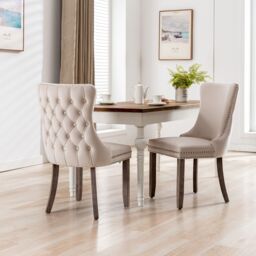 HomeTouch Sierra Set of 4 Luxe Velvet Dining Chairs Tufted Kitchen Chairs with High Wing Back & Oak Wood Legs in Beige - Size: 4 Pack - thumbnail 4