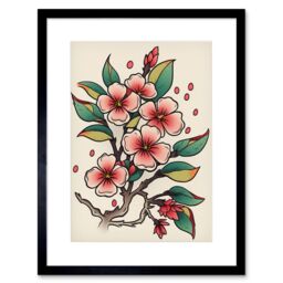 "Artery8 Wall Art Print Cherry Blossom Branch Flowers Tattoo Ink Body Art Rockabilly Americana 50s Artwork Framed 9X7 Inch in Black - Size: W7"" x H9""" - thumbnail 1