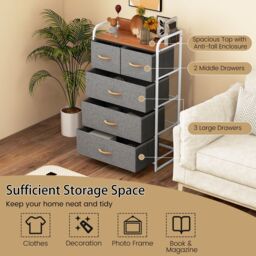 Gymax Chest of Drawers Dresser Storage Tower 5 Folding Drawers Wooden Top in Grey - thumbnail 6