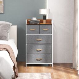 Gymax Chest of Drawers Dresser Storage Tower 5 Folding Drawers Wooden Top in Grey - thumbnail 2