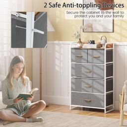 Gymax Chest of Drawers Dresser Storage Tower 5 Folding Drawers Wooden Top in Grey - thumbnail 4