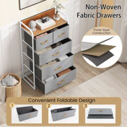 Gymax Chest of Drawers Dresser Storage Tower 5 Folding Drawers Wooden Top in Grey - thumbnail 5