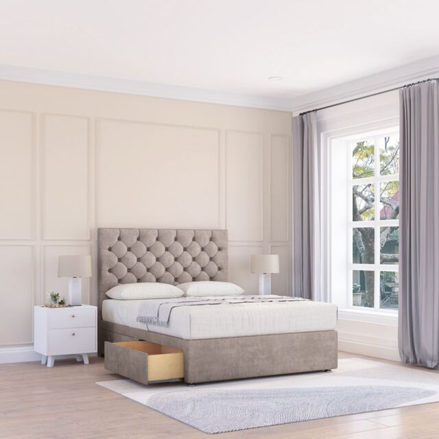 "Sloomy Mayfair Divan Bed Base 2 Drawers & 26"" Struts Headboard in Stone - Size: Double" - image 1