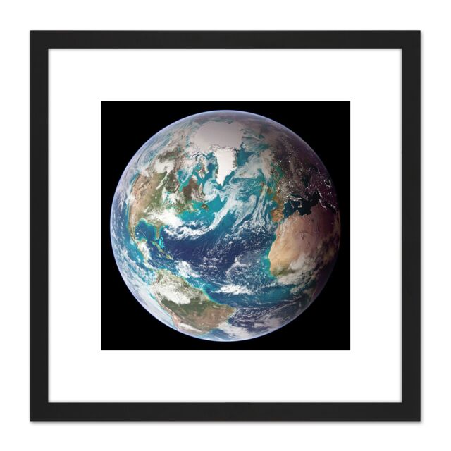 Artery8 Blue Marble Earth Western Hemisphere Photograph 8X8 Inch Square Wooden Framed Wall Art Print Picture with Mount in Black - image 1