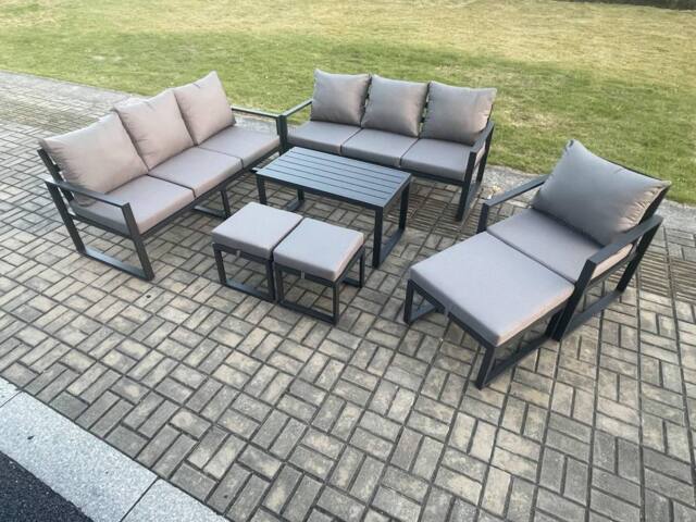 Fimous Aluminium 7 Pieces Garden Furniture Set with Cushions 10 Seater Outdoor Patio Lounge Sofa Set with Armchair 3 Footstools in Dark Grey - image 1