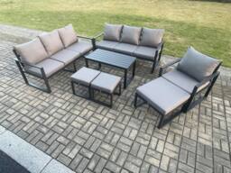 Fimous Aluminium 7 Pieces Garden Furniture Set with Cushions 10 Seater Outdoor Patio Lounge Sofa Set with Armchair 3 Footstools in Dark Grey - thumbnail 1