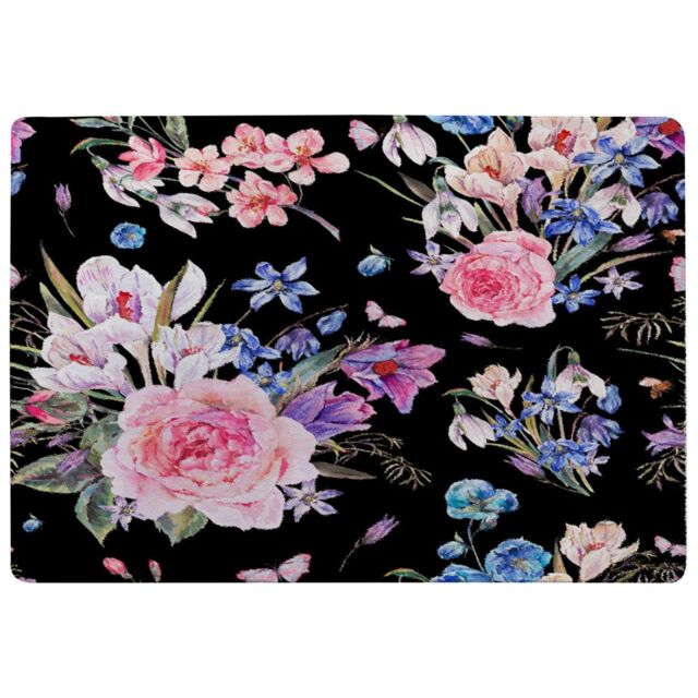 Benjamin Tate Design Bright Pink Flowers On Black Rug in Natural - Size: Large - image 1