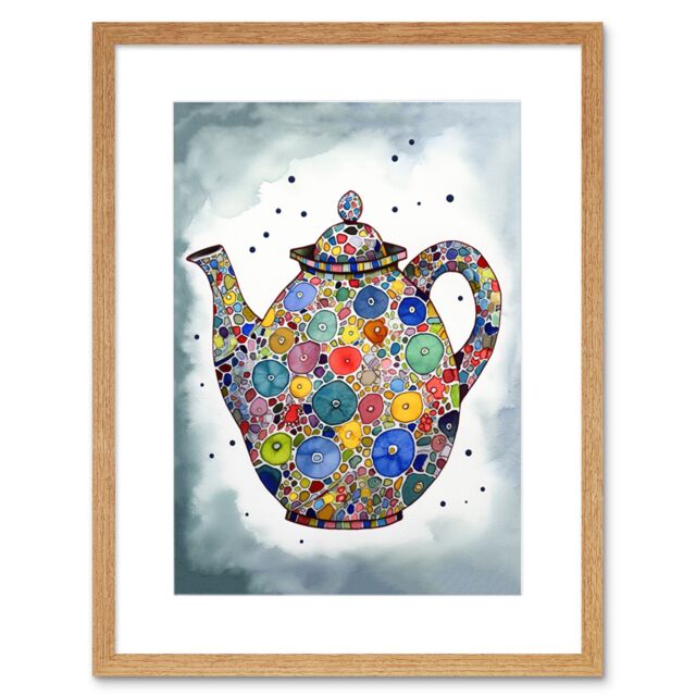 "Artery8 Wall Art Print Colourful Teapot Folk Art Kitchen Artwork Framed 9X7 Inch in Beige - Size: W7"" x H9""" - image 1