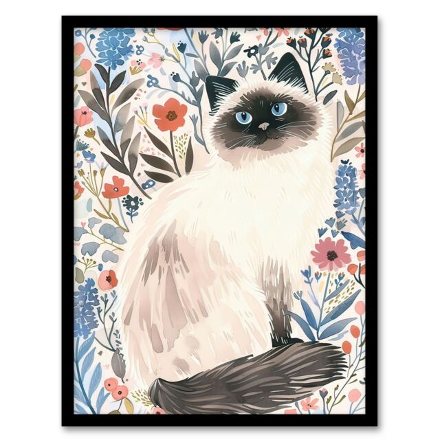 "Artery8 Cat Lover Cute Birman in Lavender Flowers Framed Wall Art - Size: W12"" x H16""" - image 1