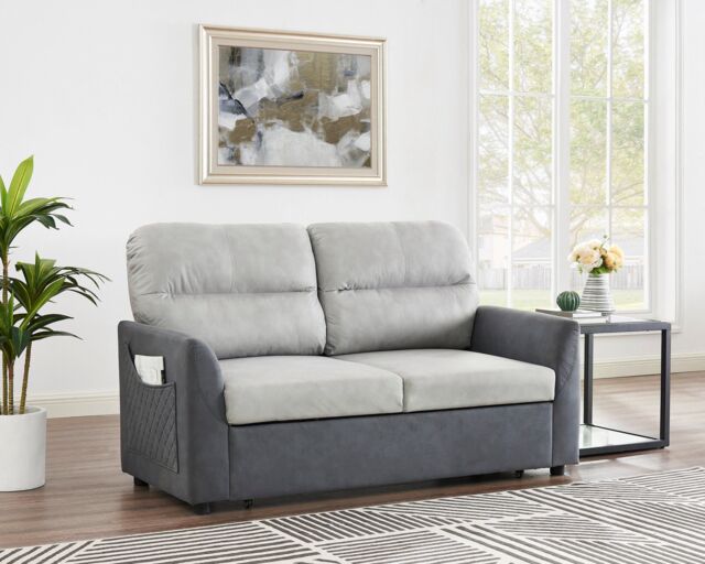 Home Detail Dennis Fabric Pull Out Sofa Bed Duo Contrast Fabric & Side Pocket Storage in Grey - image 1