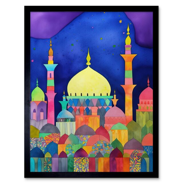 "Artery8 Wall Art Print Mosque Cityscape Islam Folk Art Framed in Black - Size: W12"" x H16""" - image 1