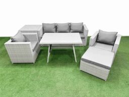 Fimous 7 Pieces Outdoor PE Rattan Sofa Armchair Set with Side Table Big Stool in Light Grey - thumbnail 2