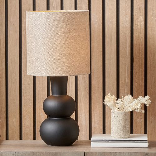 Ruma Abstract Ceramic White Table Lamp Base Cream Hessian Shade in Black - image 1