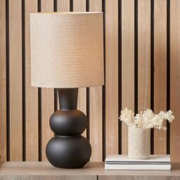 Ruma Abstract Ceramic White Table Lamp Base Cream Hessian Shade in Black