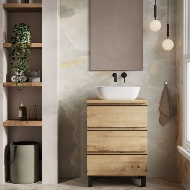 Banyetti Vatilla 600mm Floorstanding Vanity with Matching Worktop - Ostippo Oak in Light Oak - image 1