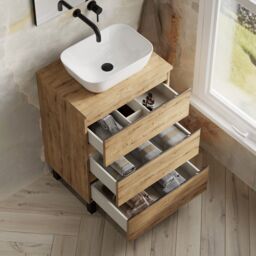 Banyetti Vatilla 600mm Floorstanding Vanity with Matching Worktop - Ostippo Oak in Light Oak - thumbnail 2